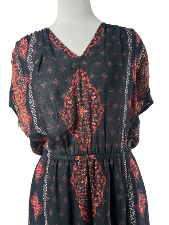 Lucky Brand Boho Print Maxi Dress Black Red V-Neck Festival Bohemian sz sm - Picture 5 of 7
